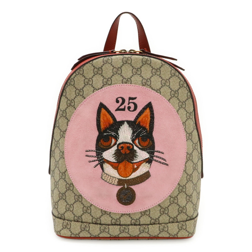 GUCCI GG Supreme BOSCO appliqué dog backpack, leather, beige/red, 495621 - Picture 1 of 10